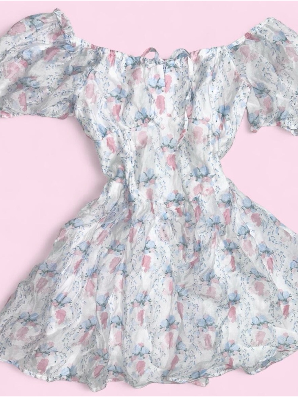 White Floral Off-Shoulder Mini Dress with Pink & Blue Blooms